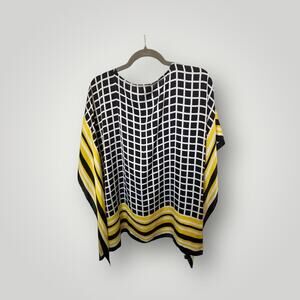 Michael Kors Poncho Blouse S/M Black White Grid Yellow Kimono Top  S/M